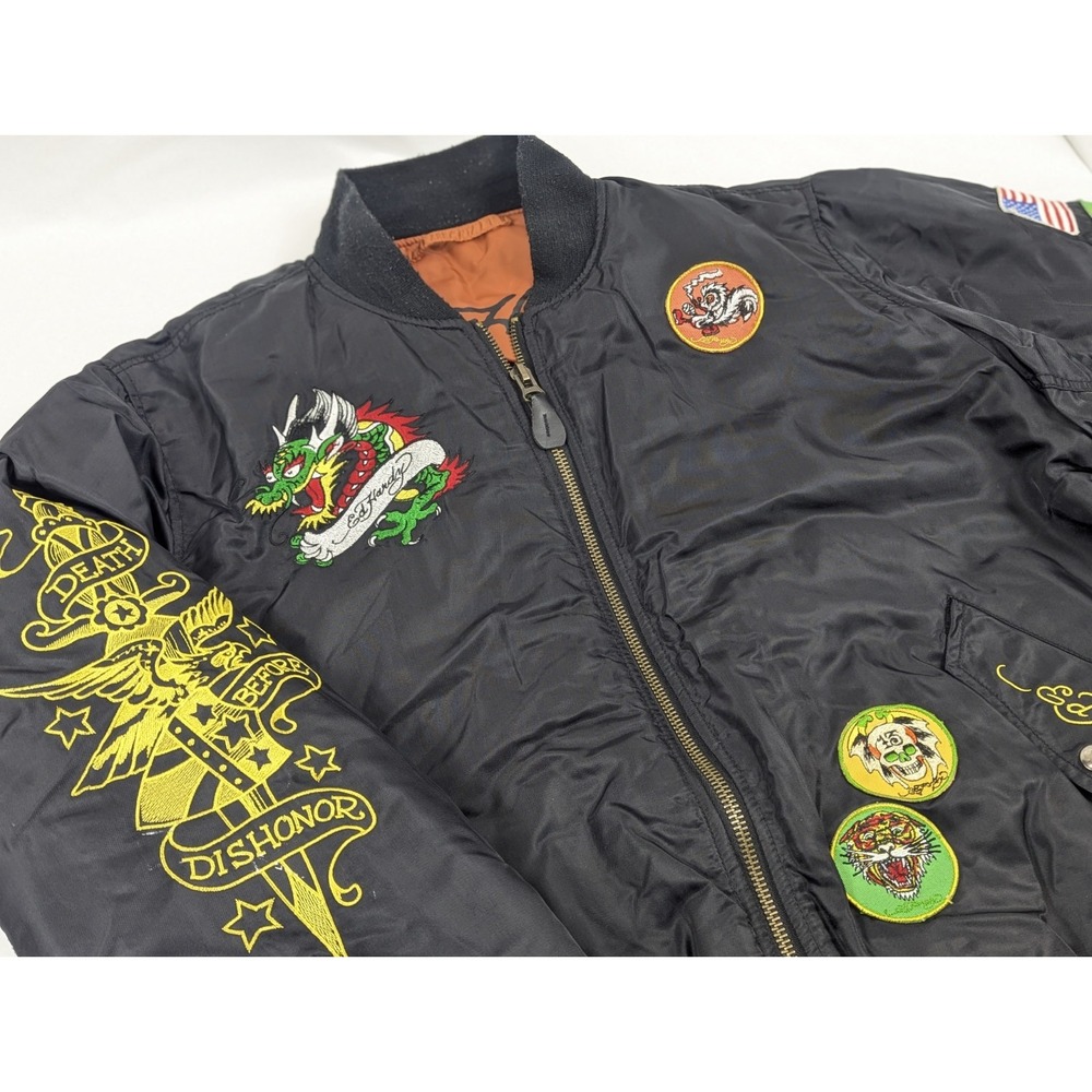 Ed Hardy Bomber Jacket Black Tattoo Patch Dragon Mens‎ Large - Picture 4 of 16